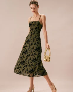 The Green Floral Burnout A-Line Slip Midi Dress