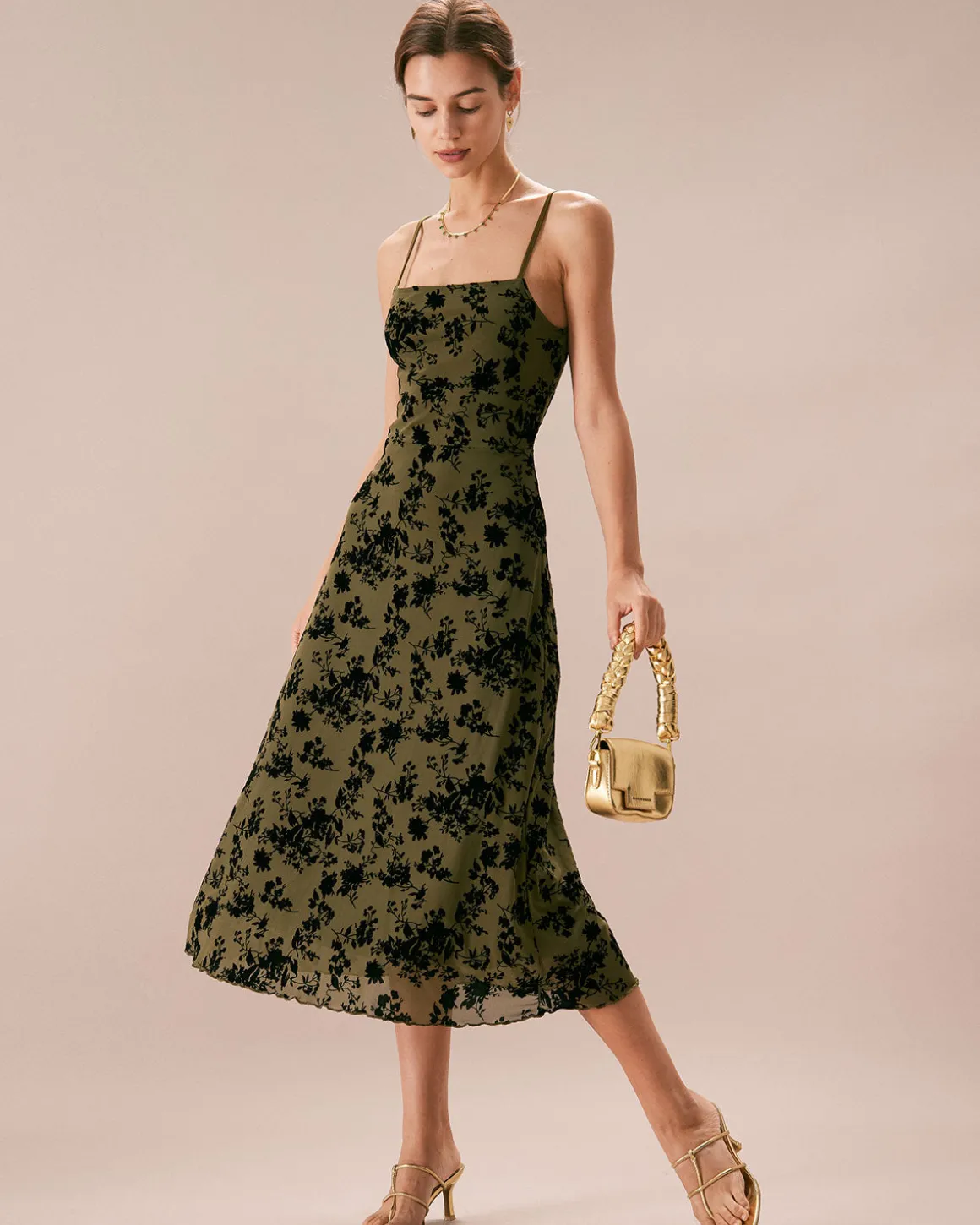 The Green Floral Burnout A-Line Slip Midi Dress
