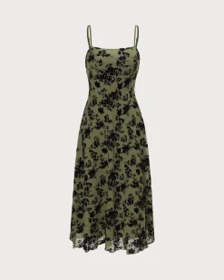 The Green Floral Burnout A-Line Slip Midi Dress