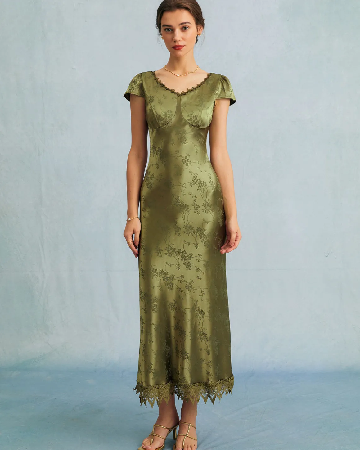 The Green Jacquard Cap Sleeve Satin Midi Dress