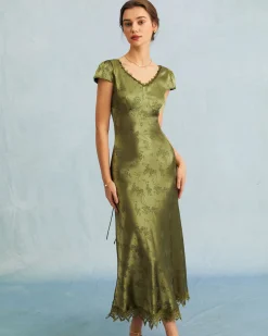 The Green Jacquard Cap Sleeve Satin Midi Dress
