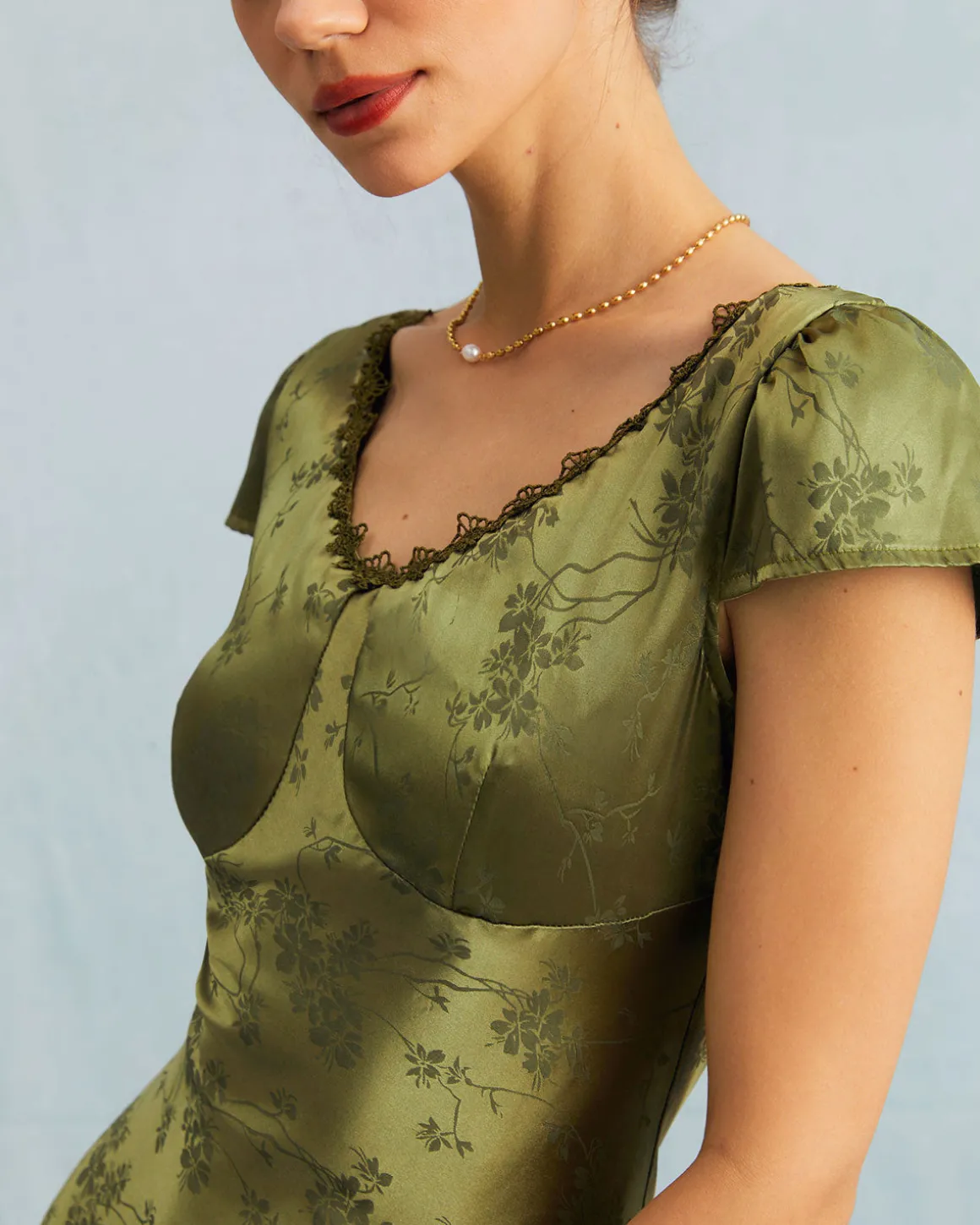 The Green Jacquard Cap Sleeve Satin Midi Dress