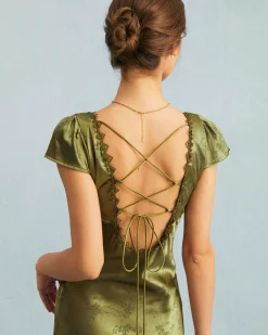 The Green Jacquard Cap Sleeve Satin Midi Dress