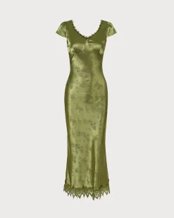 The Green Jacquard Cap Sleeve Satin Midi Dress