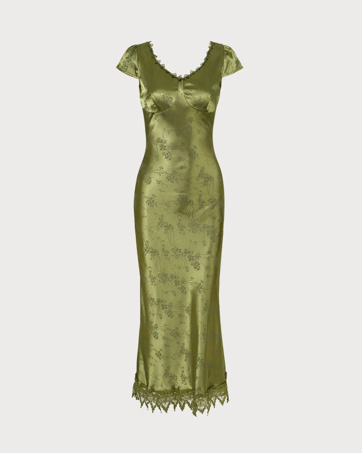 The Green Jacquard Cap Sleeve Satin Midi Dress