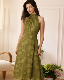 The Green Jacquard Ruched Halter Midi Dress