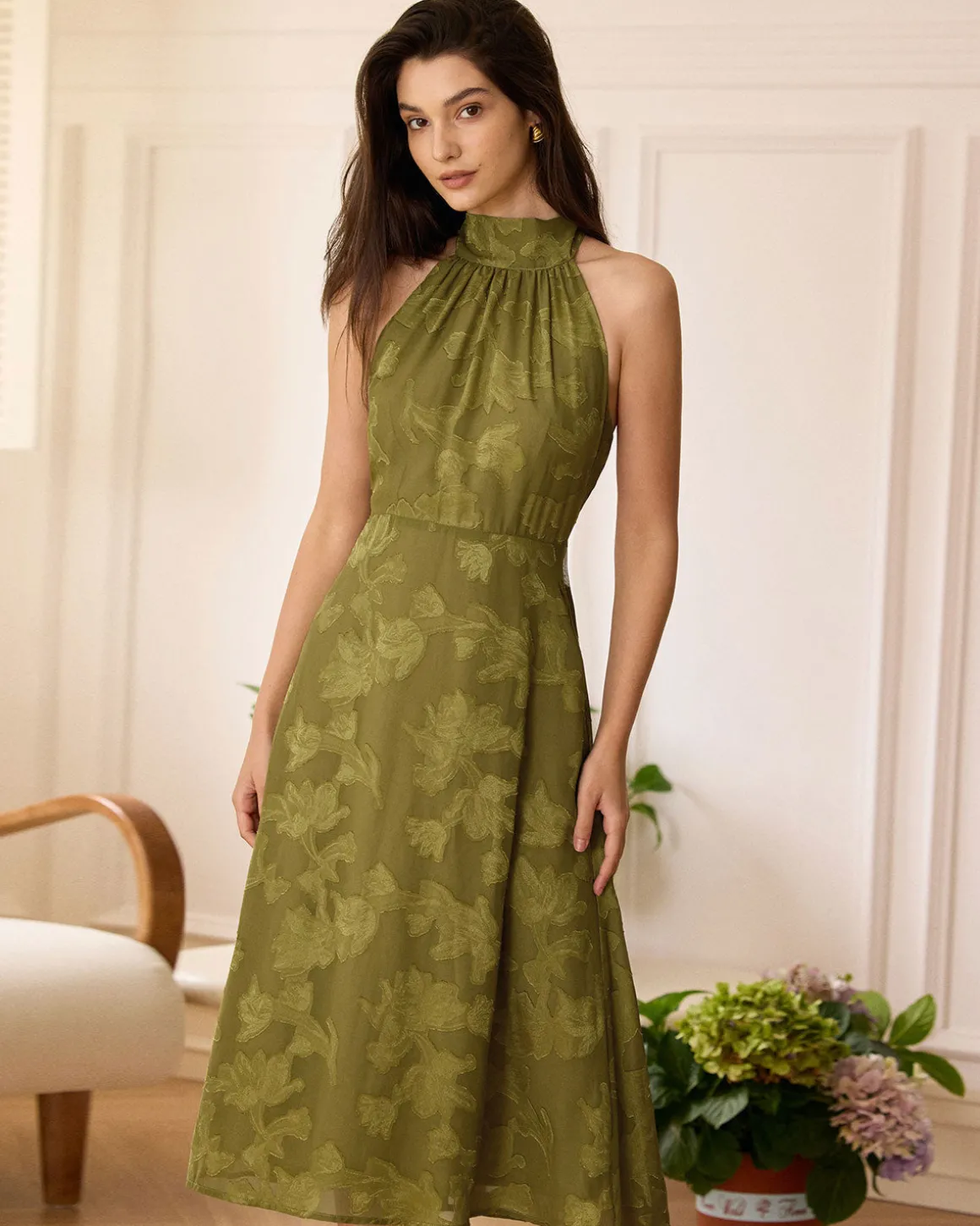 The Green Jacquard Ruched Halter Midi Dress