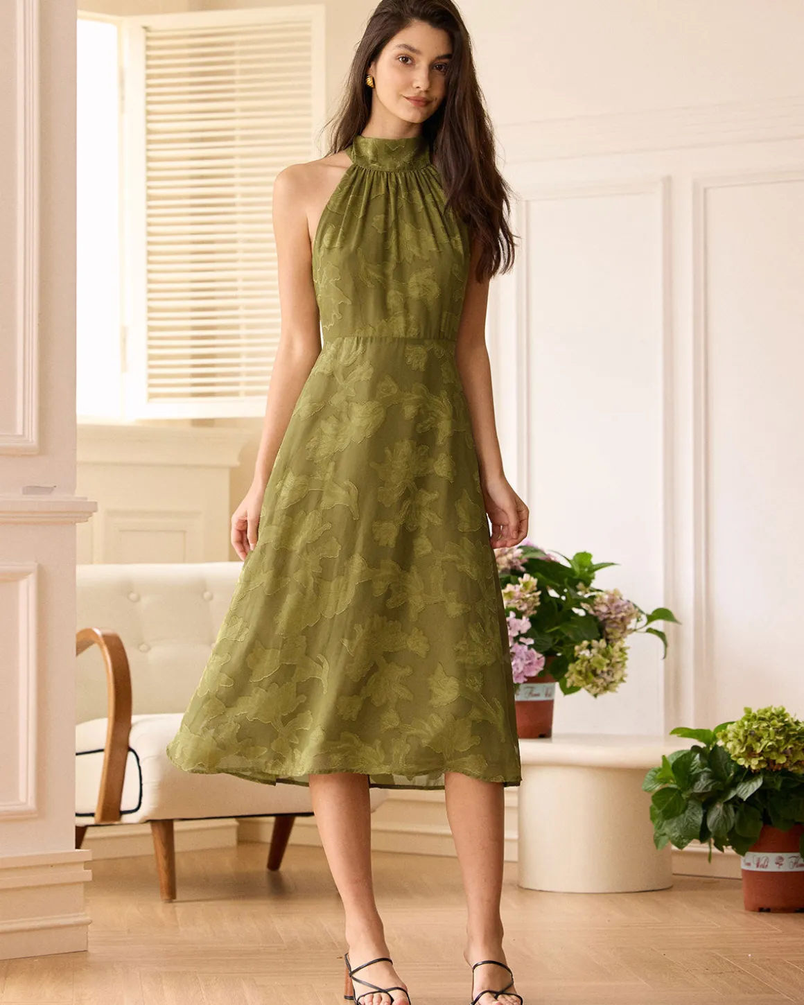The Green Jacquard Ruched Halter Midi Dress
