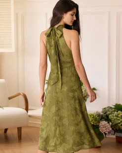 The Green Jacquard Ruched Halter Midi Dress