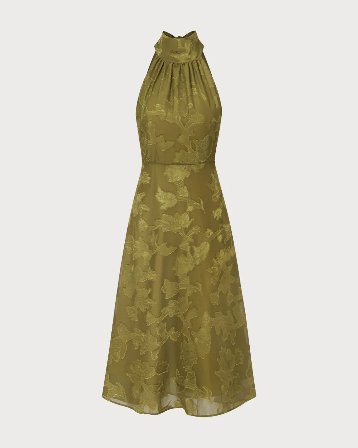 The Green Jacquard Ruched Halter Midi Dress