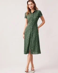 The Green Lapel Button Up Floral Midi Dress