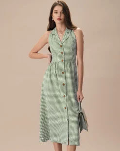The Green Lapel Plaid Sleeveless Shirt Midi Dress