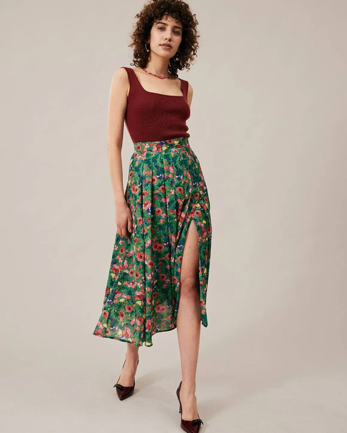 The Green Pleated Floral Skirt