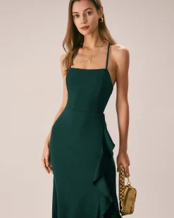 The Green Ruffle Cross Back Strap Maxi Dress
