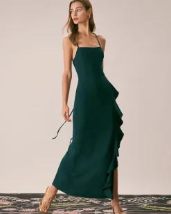 The Green Ruffle Cross Back Strap Maxi Dress