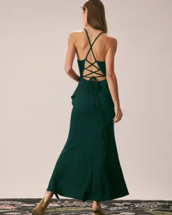 The Green Ruffle Cross Back Strap Maxi Dress