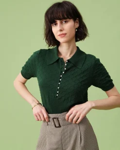 The Green Short Sleeve Textured Lapel Knit Tee