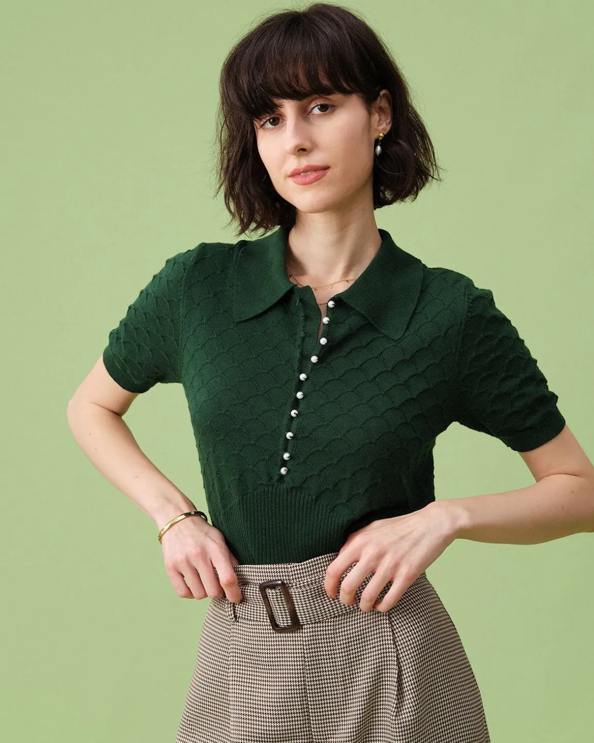 The Green Short Sleeve Textured Lapel Knit Tee