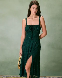 The Green Square Neck Jacquard Slit Midi Dress