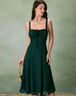 The Green Square Neck Jacquard Slit Midi Dress