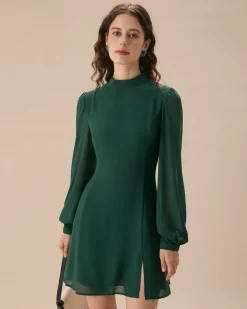 The Green Stand Collar Sheer Slit Mini Dress