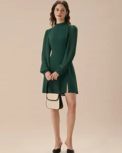 The Green Stand Collar Sheer Slit Mini Dress