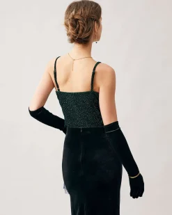 The Green Sweetheart Neck Velvet Crop Cami Top