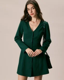 The Green V Neck Button Shirt Mini Dress