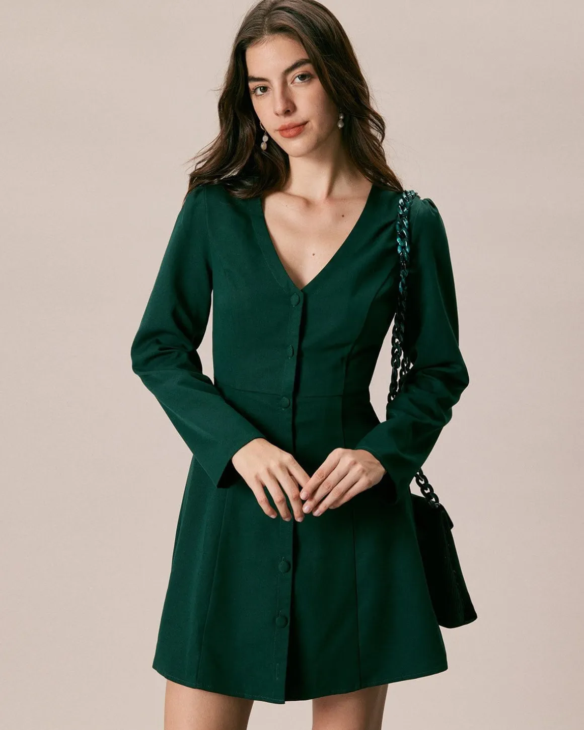 The Green V Neck Button Shirt Mini Dress
