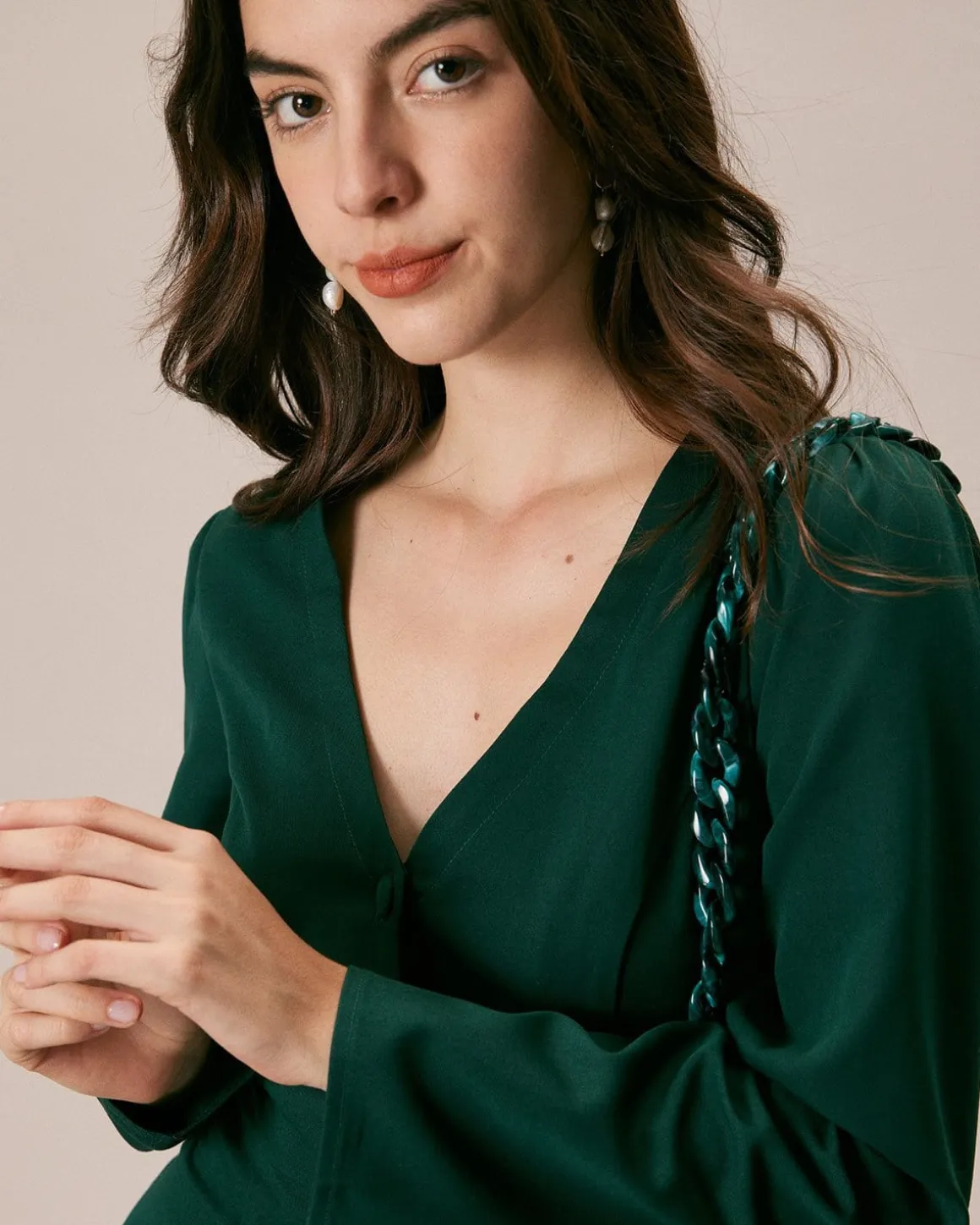 The Green V Neck Button Shirt Mini Dress