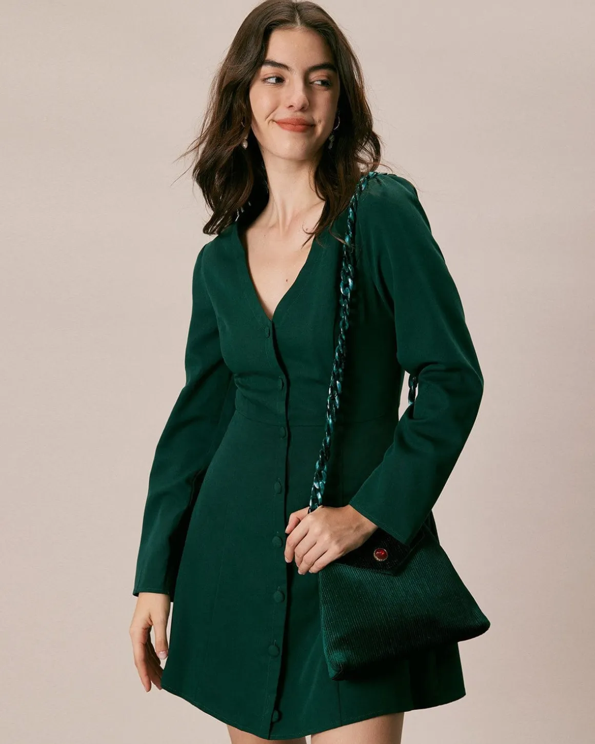 The Green V Neck Button Shirt Mini Dress