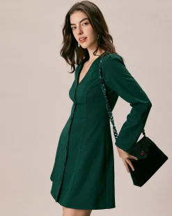 The Green V Neck Button Shirt Mini Dress