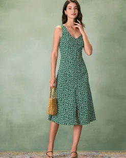 The Green V Neck Floral Button Midi Dress