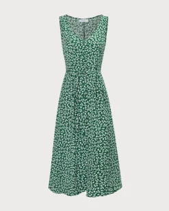 The Green V Neck Floral Button Midi Dress