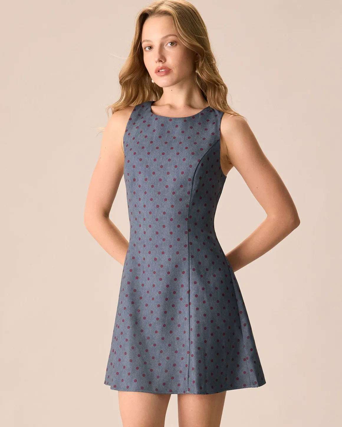 The Grey Round Neck Polka Dot Mini Dress