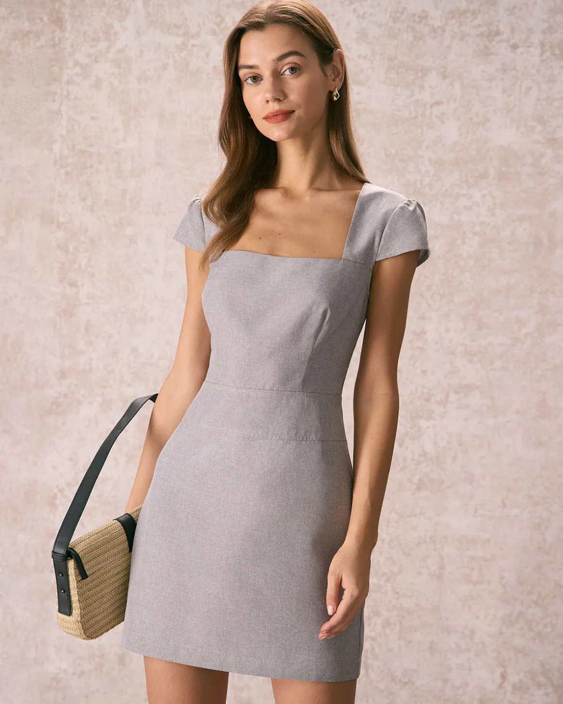The Grey Square Neck Cap Sleeve Mini Dress