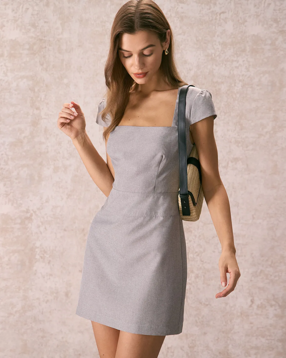 The Grey Square Neck Cap Sleeve Mini Dress