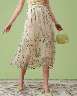 The High Waisted Floral Embroidery A-line Midi Skirt
