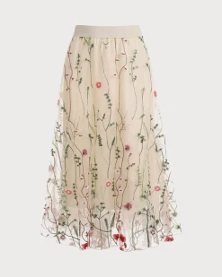 The High Waisted Floral Embroidery A-line Midi Skirt