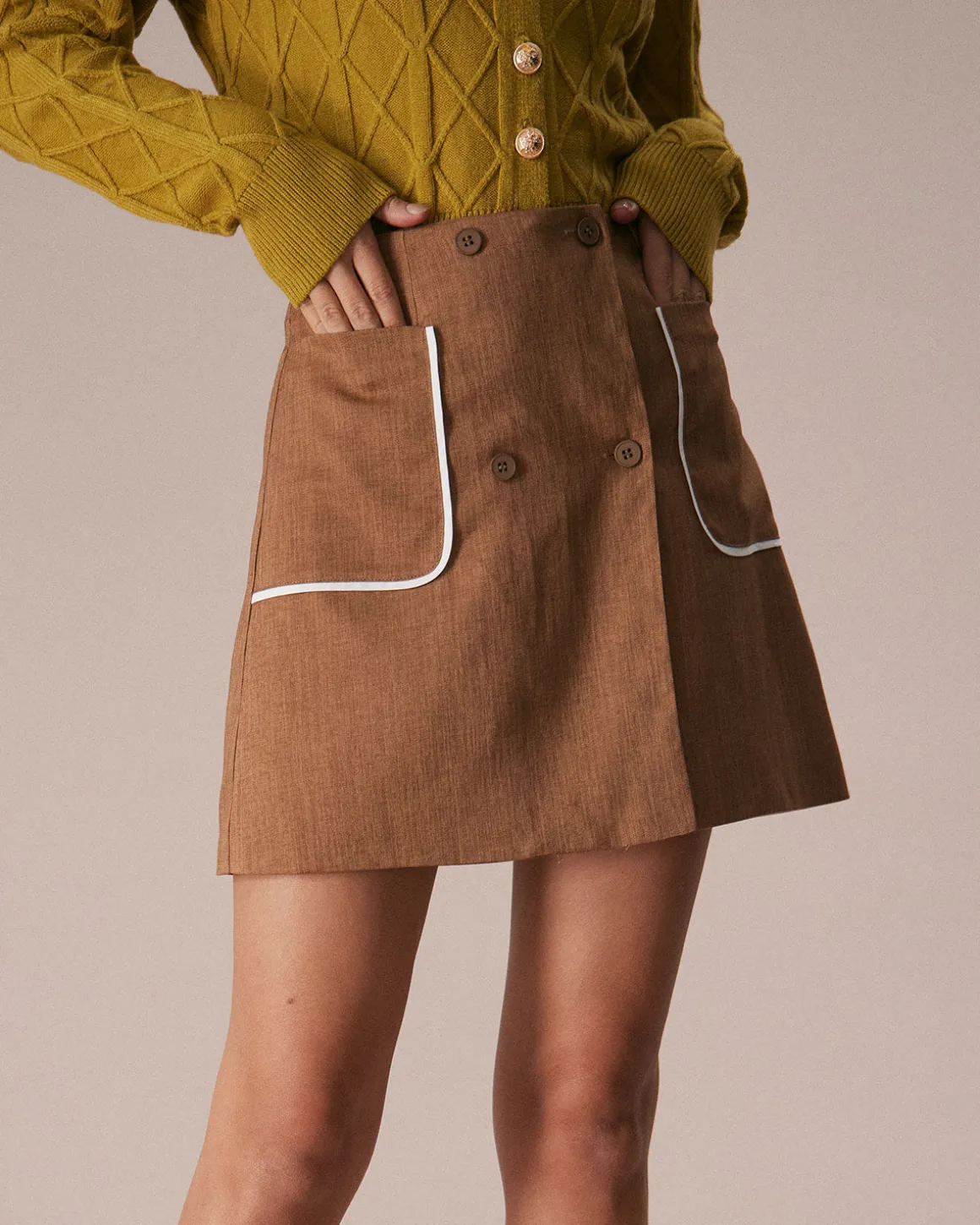 The Khaki Contrast Trim Button Mini Skirt