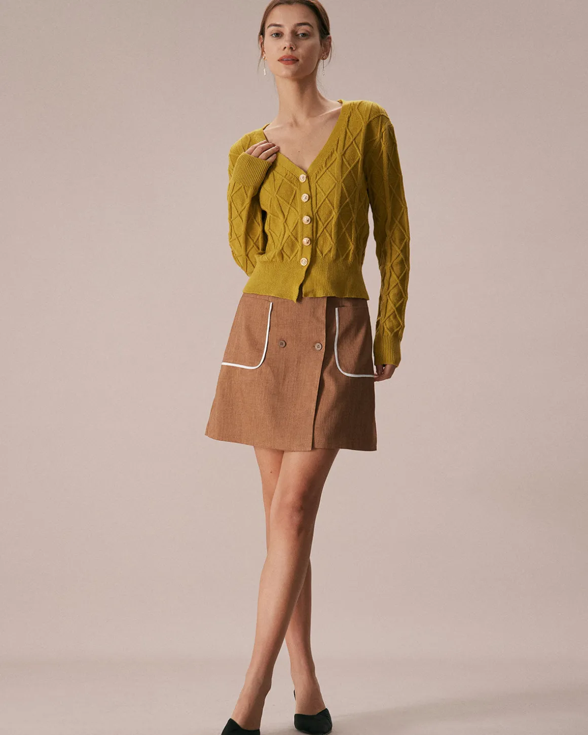 The Khaki Contrast Trim Button Mini Skirt