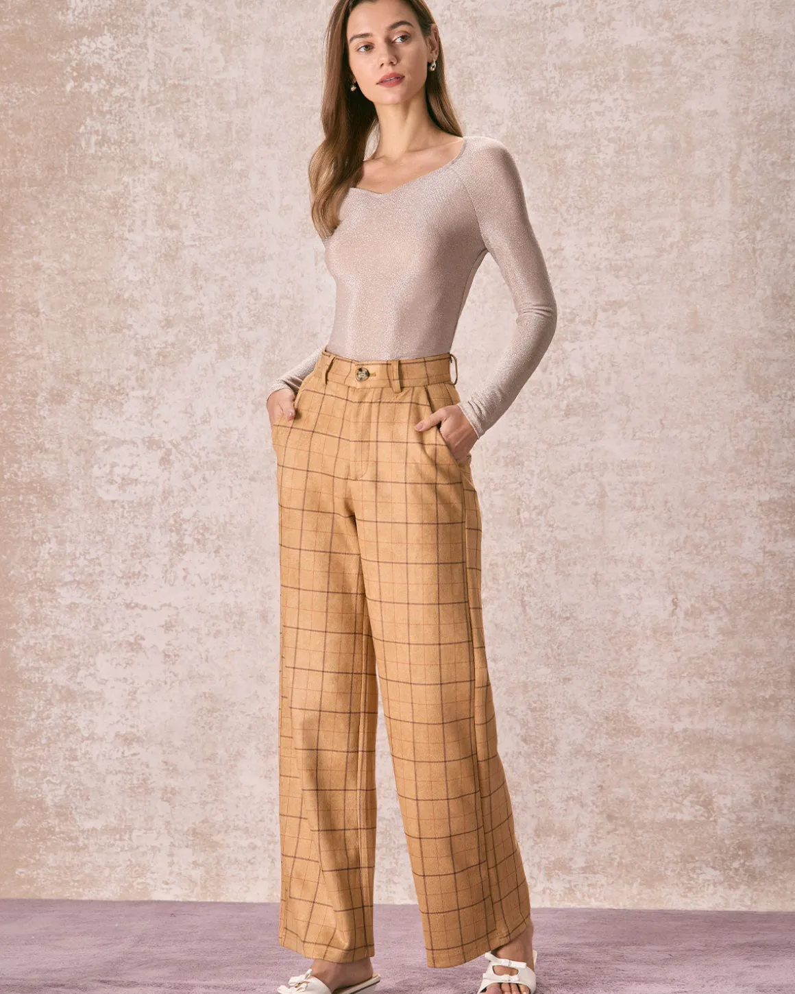 The Khaki High Waisted Plaid Wide Leg Pants