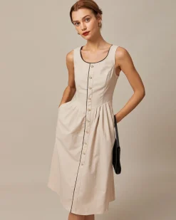 The Khaki Round Neck A-Line Midi Dress
