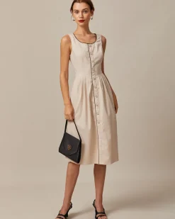 The Khaki Round Neck A-Line Midi Dress