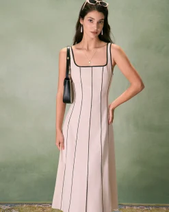 The Khaki Square Neck Contrast Midi Dress