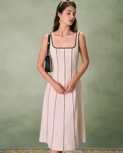 The Khaki Square Neck Contrast Midi Dress