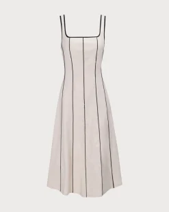 The Khaki Square Neck Contrast Midi Dress