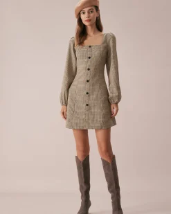 The Khaki Square Neck Plaid Button Mini Dress