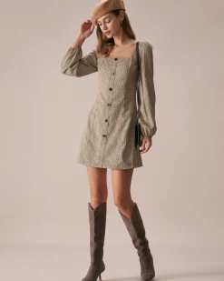 The Khaki Square Neck Plaid Button Mini Dress