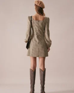 The Khaki Square Neck Plaid Button Mini Dress